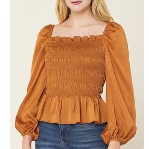 Mixed thread Smocked Peasant long Sleeve Ruffle Blouse Long Textured Satin SZ M